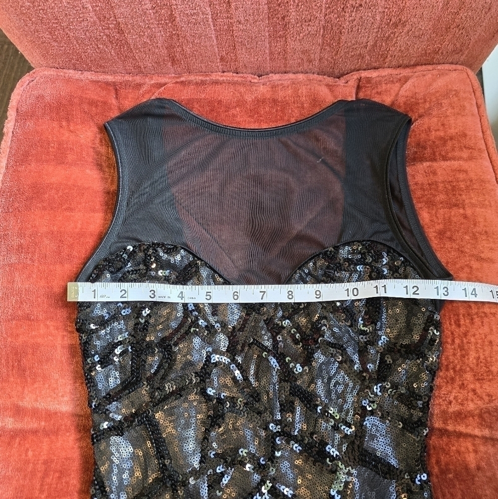 NWT Dress the Population Black Sequin Bodycon Mini Dress Mesh Neckline V Back XS - Picture 10 of 14